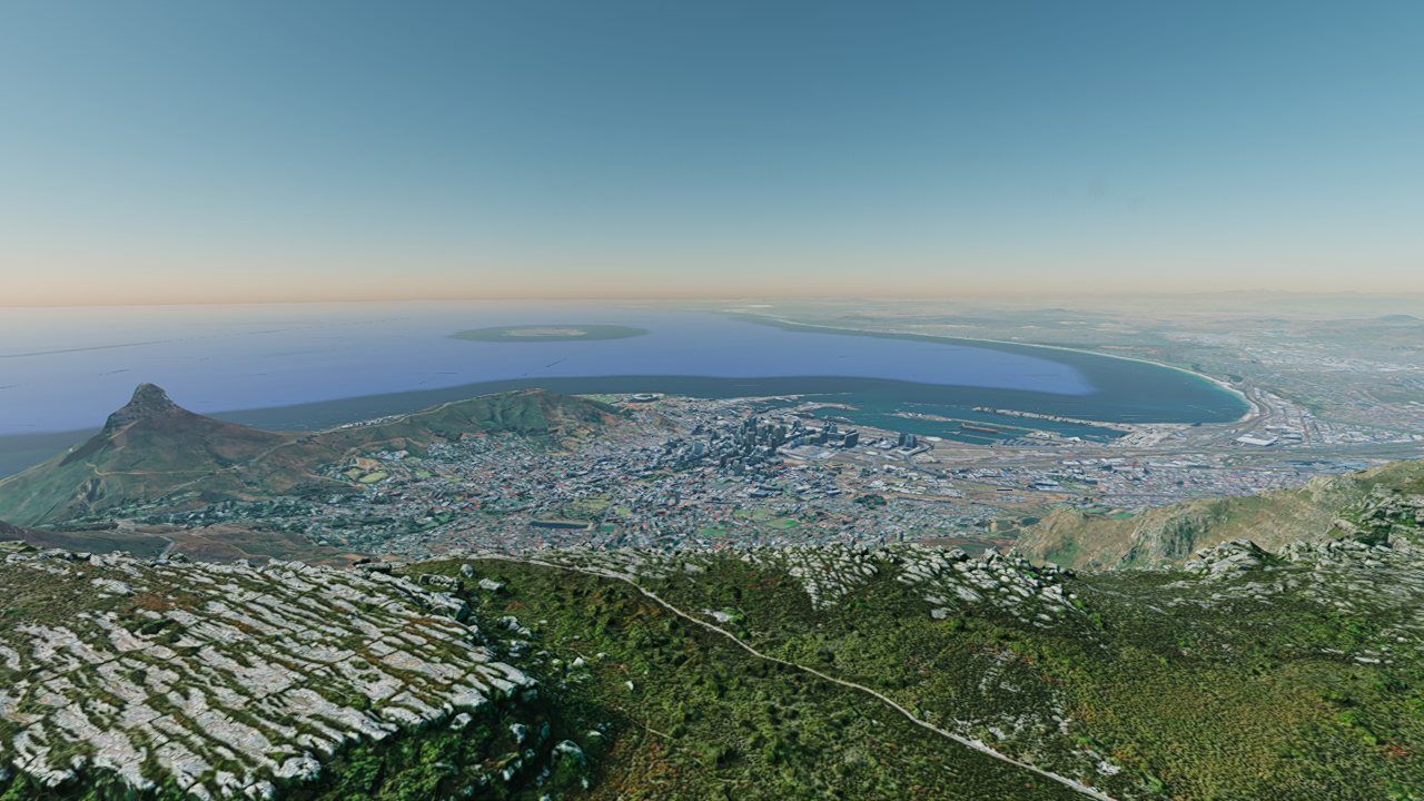 Cape Town with physically scaled haze: crisp foreground, blue distance