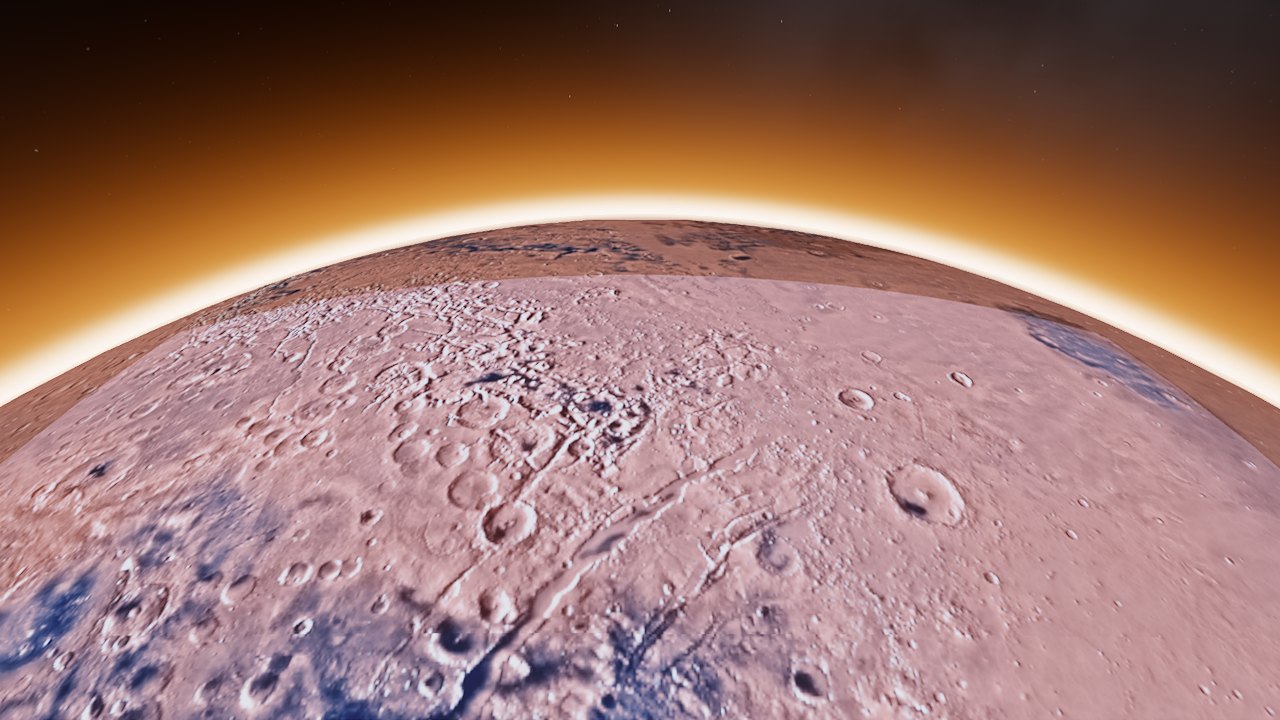 Mars from 600 km: rust terrain, craters and a glowing limb